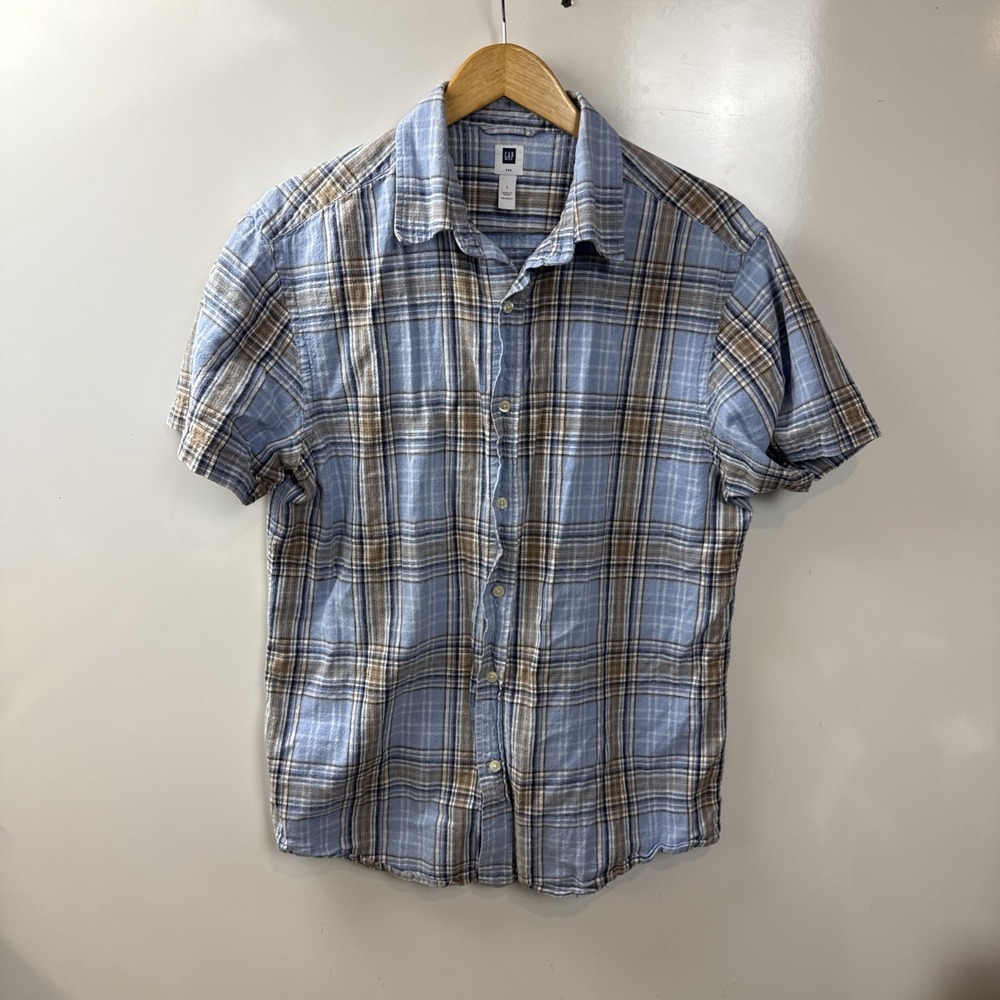 GAP Linen Cotton Short Sleeve Button Up Shirt Mens L Blue Brown Plaid Boho Y2K